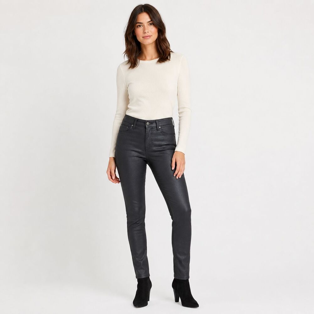 Eileen Fisher Women  Sz 6  Black Coated Waxed Organic Cotton Skinny Jean Stretch